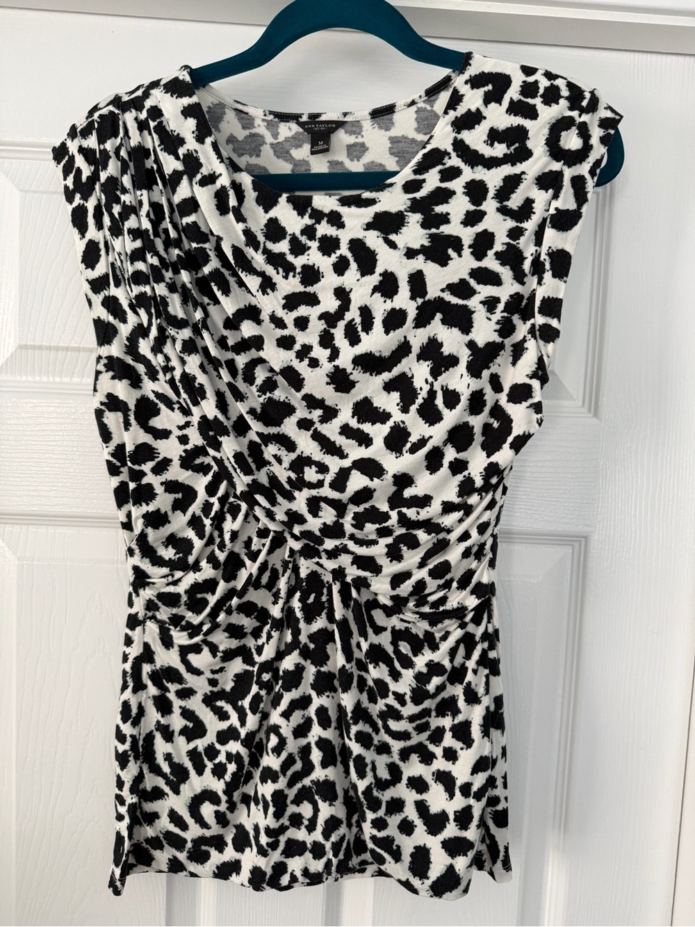 Ann Taylor Black, White, Gray Leopard Print Draped Waist top - Medium